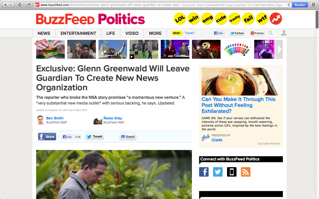 Buzzfeed berichtete exklusiv von Glenn Greenwalds Abgang beim Guardian. 